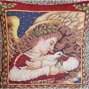 VINTAGE LANDS END Wool Needlepoint Pillow Christmas Angel With Dove Velvet 13"